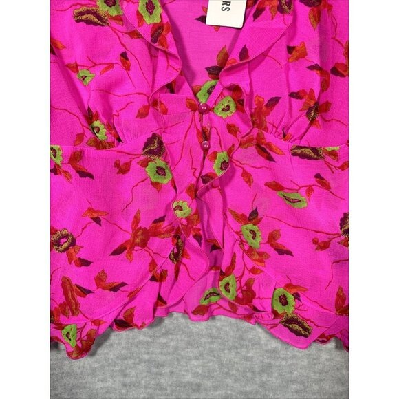 Ecote‎ Urban Outfitters Women’s Terri Blouse Sz M Pink Floral Semi Sheer Ruffle - Picture 4 of 7